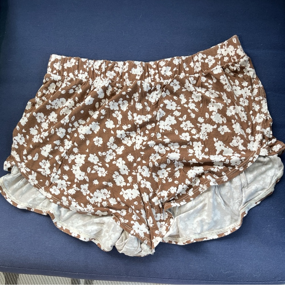Brown Floral Ruffle Lounge Shorts